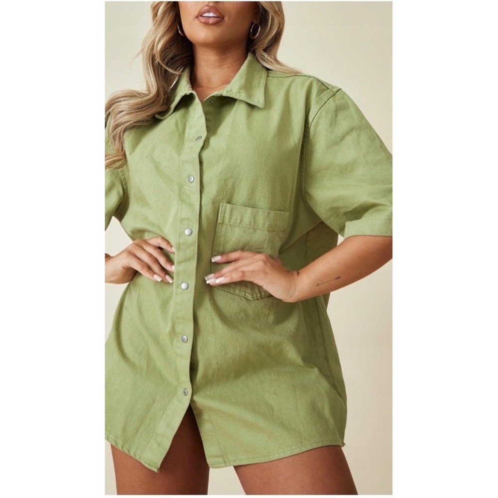 PrettyLittleThing Olive Green Cotton Short Sleeve Button Down Shirt US 10